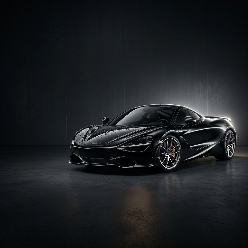 Cinematic three-quarter front view of a black luxury sports car detailed to a mirror finish at golden hour in Miami, deep gloss paint reflec