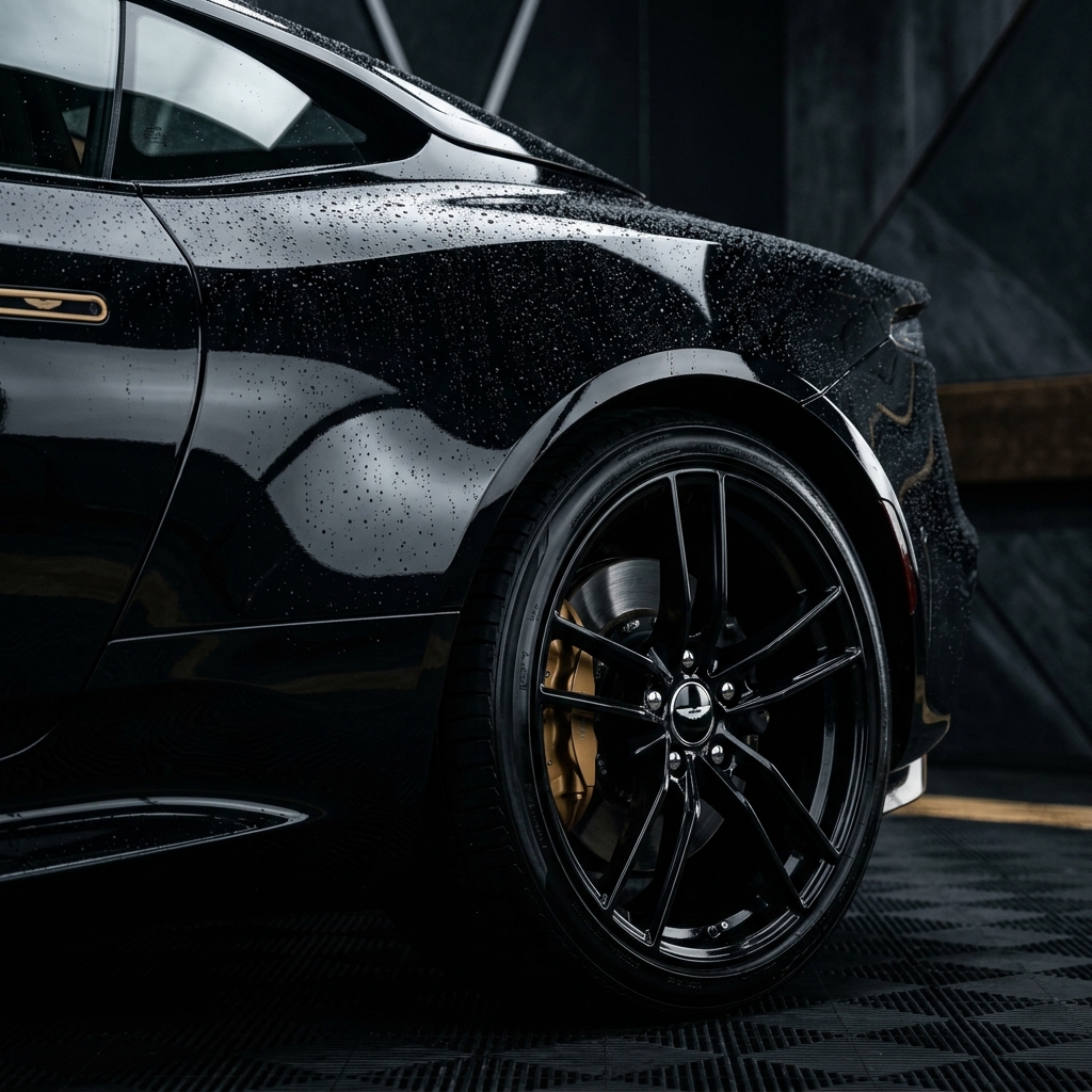 Close-up of a freshly washed luxury sedan exterior with beaded water and clean wheels, soft daylight