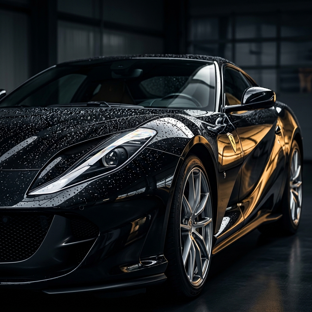 Detailer steam-cleaning a premium leather and stitched interior of a luxury car, dashboard and seats restored to like-new
