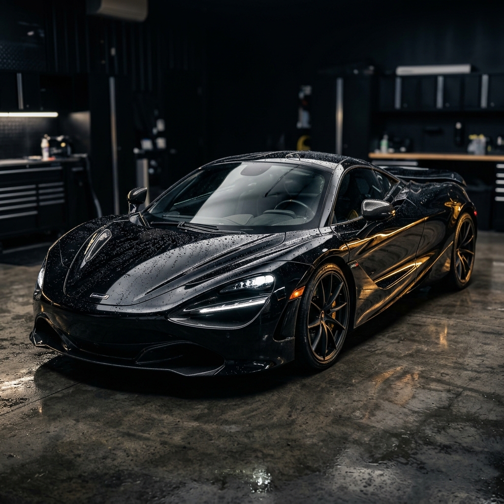 Exotic supercar under studio lighting with flawless mirror-finish paint after correction and ceramic coating, deep reflections